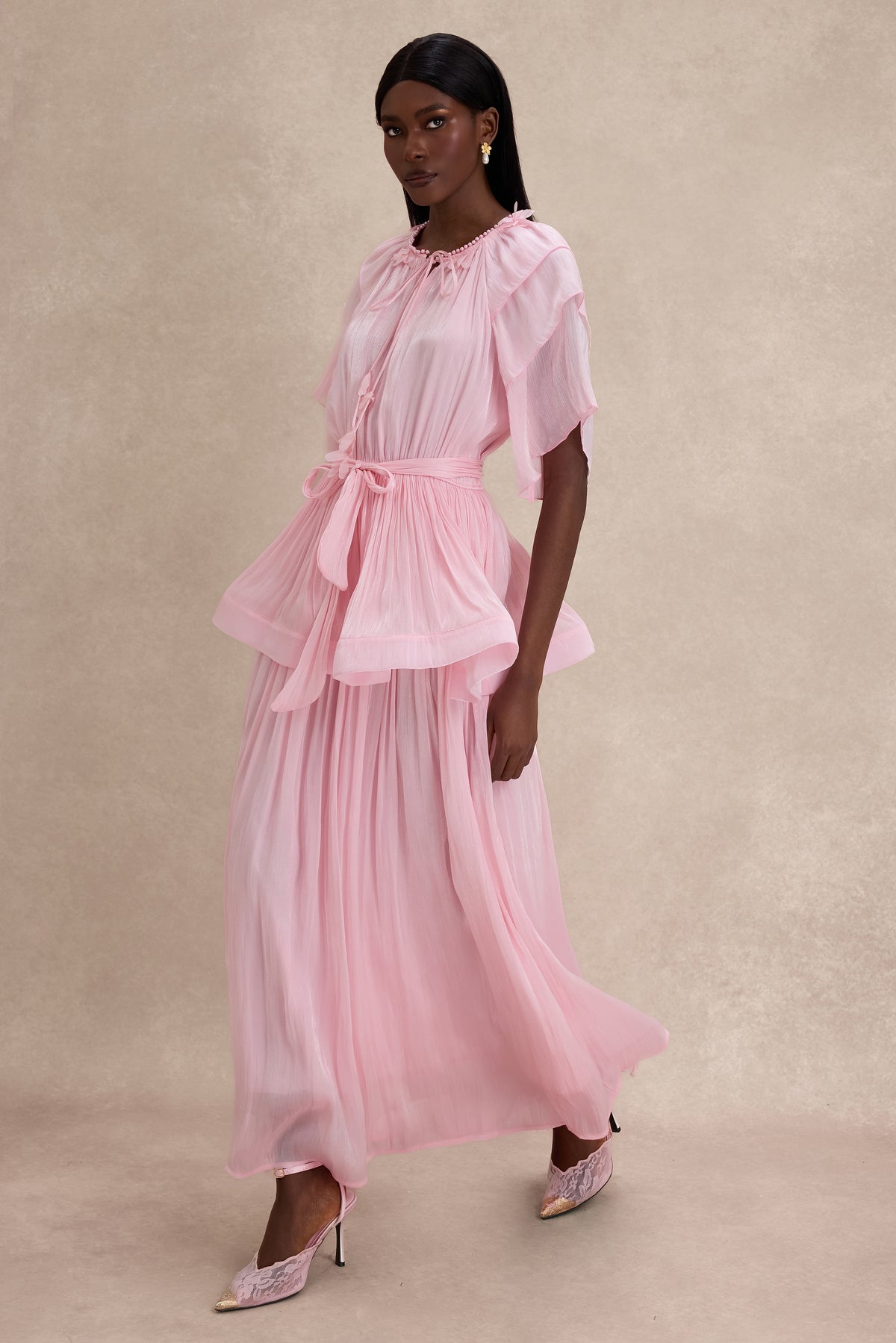 Faux Pearl Lace-Up Ruffle Maxi Dress