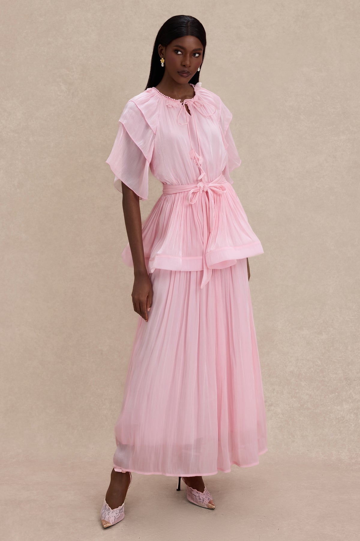 Faux Pearl Lace-Up Ruffle Maxi Dress
