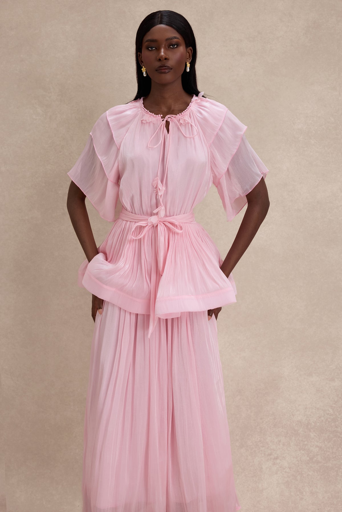 Faux Pearl Lace-Up Ruffle Maxi Dress