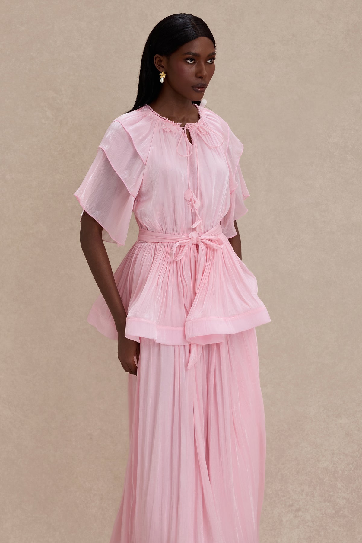 Faux Pearl Lace-Up Ruffle Maxi Dress