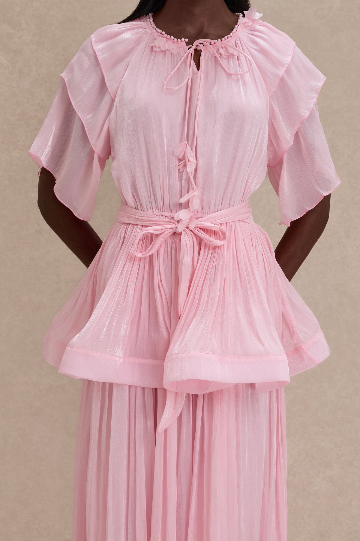 Faux Pearl Lace-Up Ruffle Maxi Dress