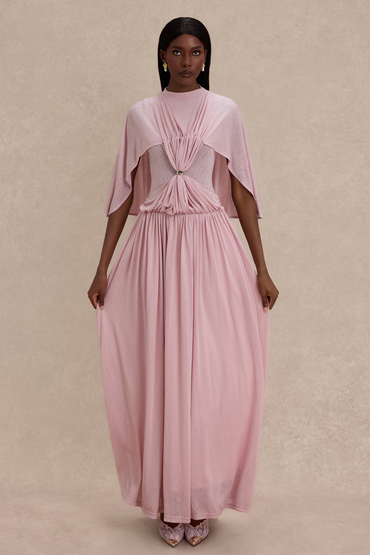 Gathering Metal Decorations Cape Sleeve Maxi Dress