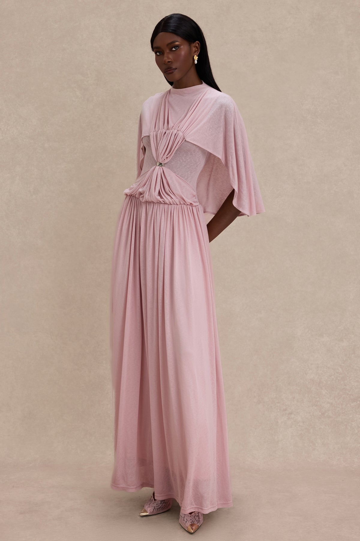 Gathering Metal Decorations Cape Sleeve Maxi Dress