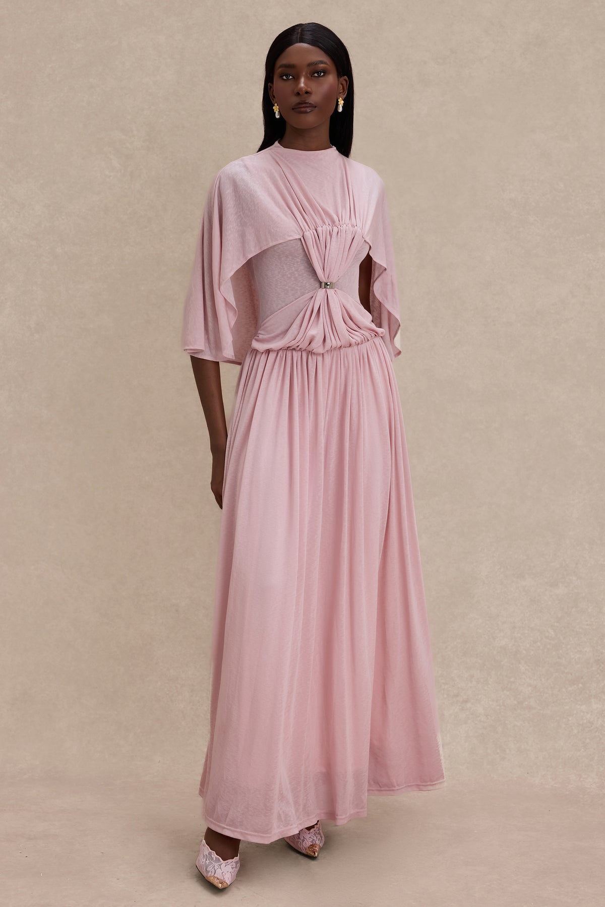 Gathering Metal Decorations Cape Sleeve Maxi Dress