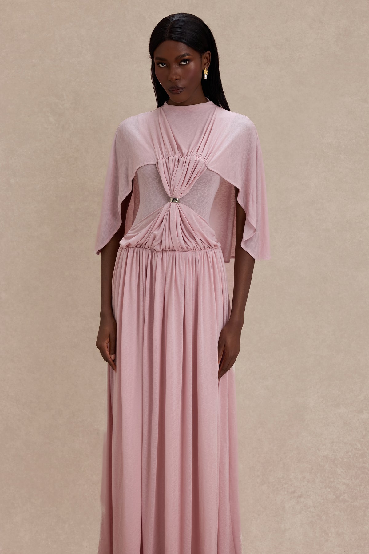 Gathering Metal Decorations Cape Sleeve Maxi Dress