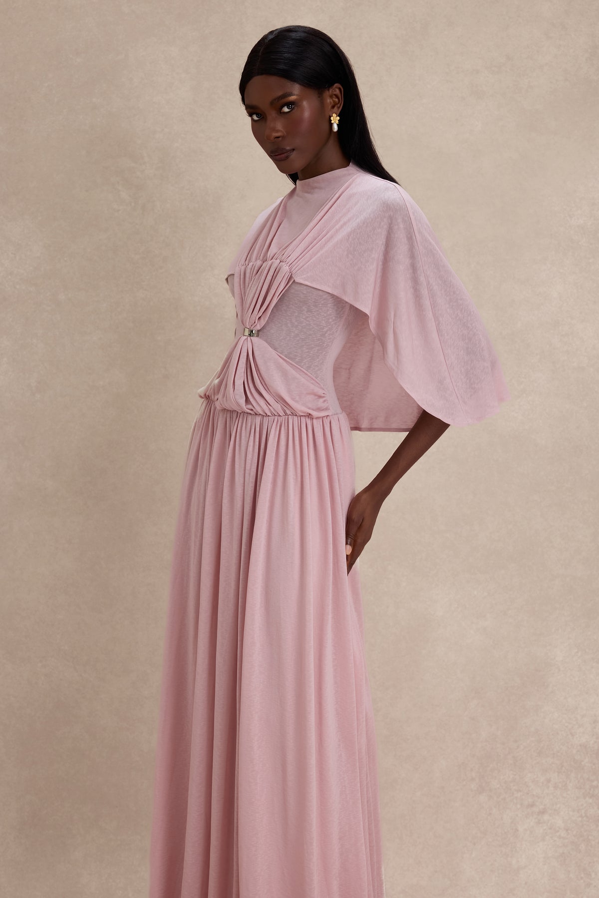 Gathering Metal Decorations Cape Sleeve Maxi Dress
