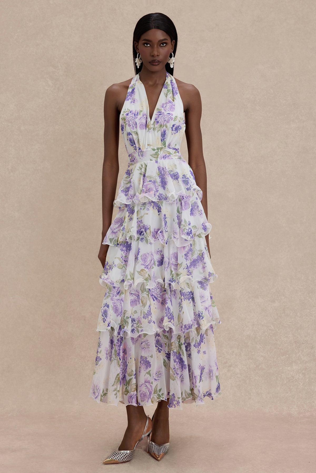Floral Ruffle Halter Neck Midi Dress