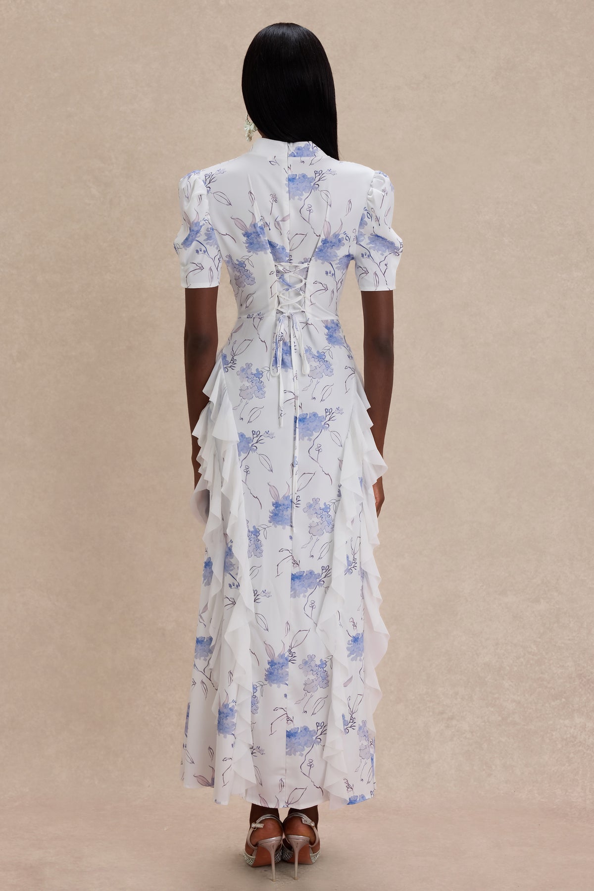 Floral Ruffle Stand Collar Maxi Dress