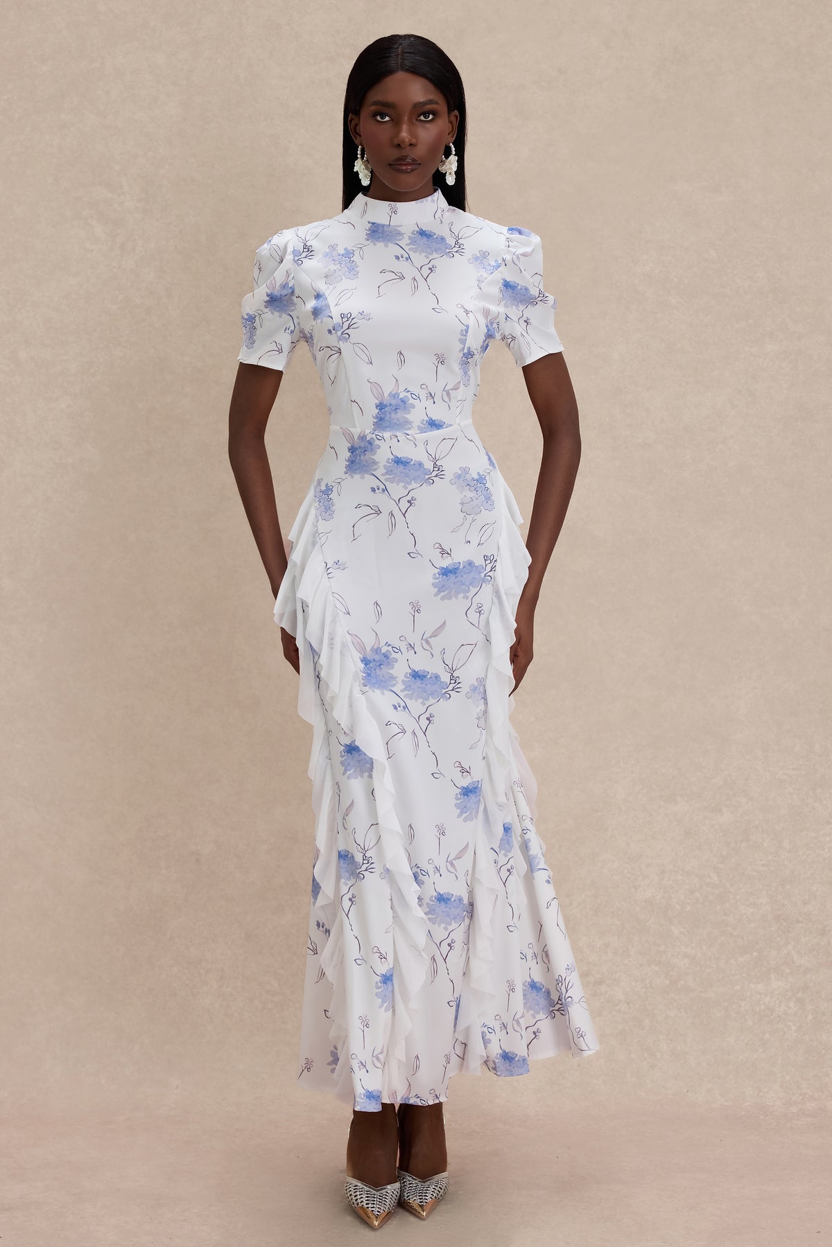 Floral Ruffle Stand Collar Maxi Dress