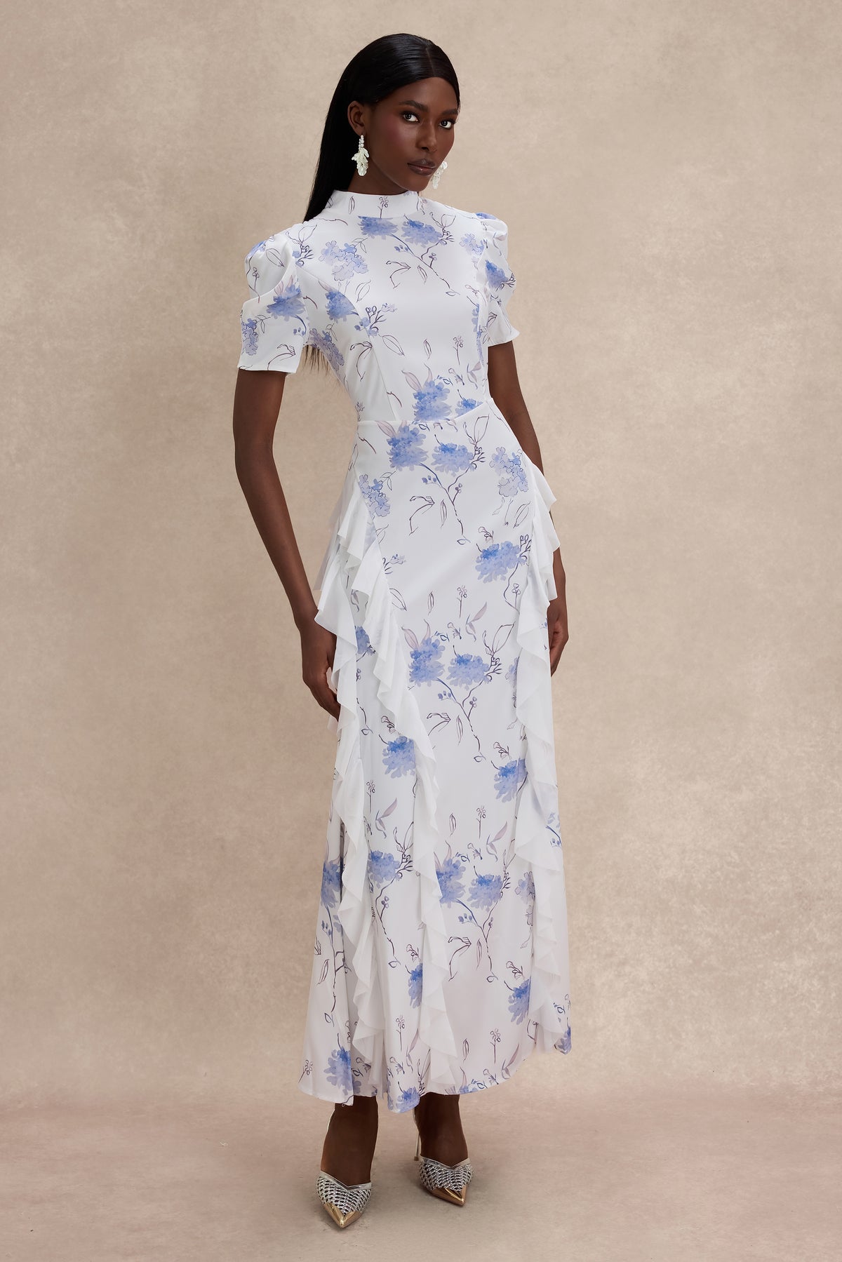 Floral Ruffle Stand Collar Maxi Dress