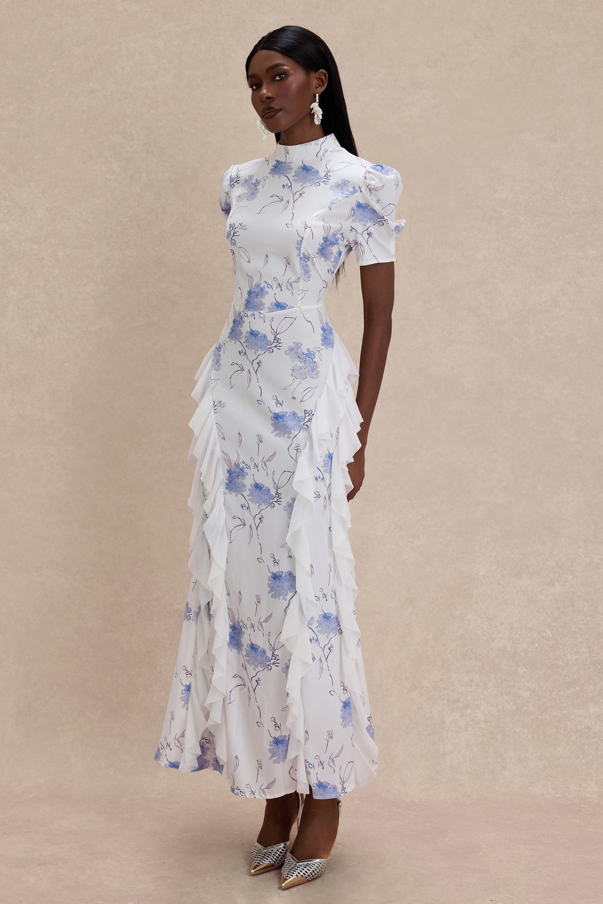 Floral Ruffle Stand Collar Maxi Dress