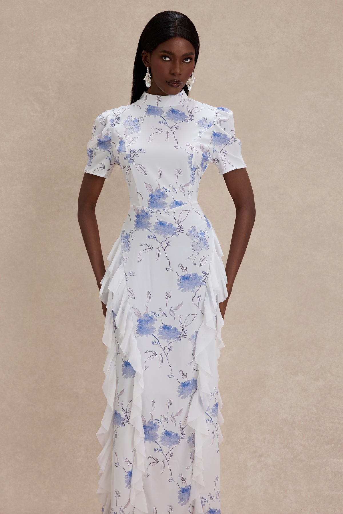 Floral Ruffle Stand Collar Maxi Dress