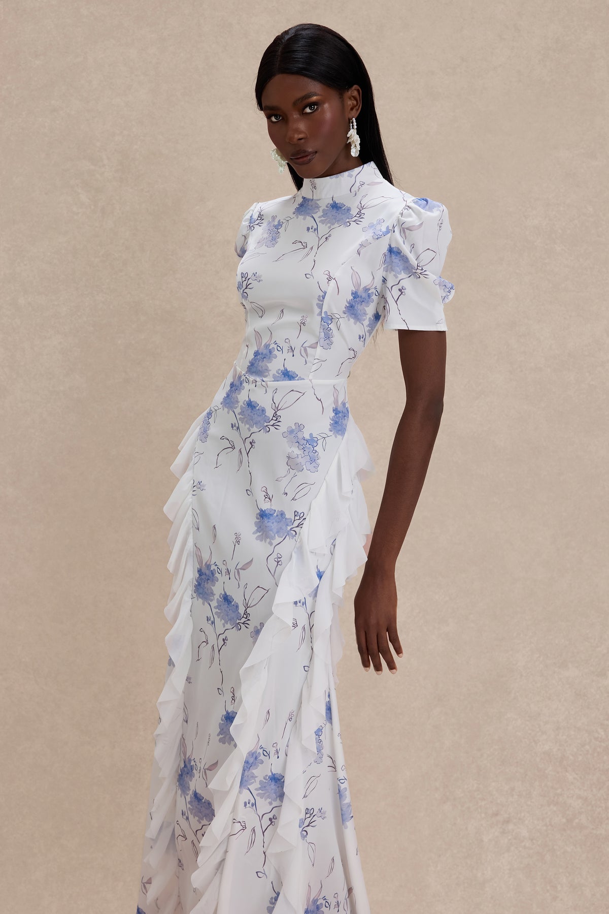 Floral Ruffle Stand Collar Maxi Dress