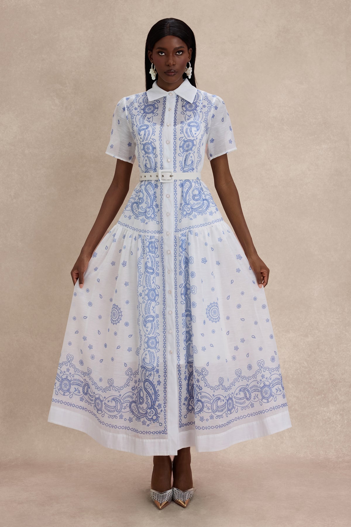 Paisley Print Single Breasted Midi Dress With Belt