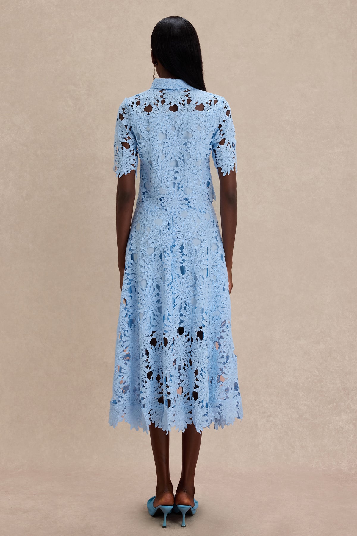 Lace Shirt Collar Single Breasted Top & Midi Skirt Set