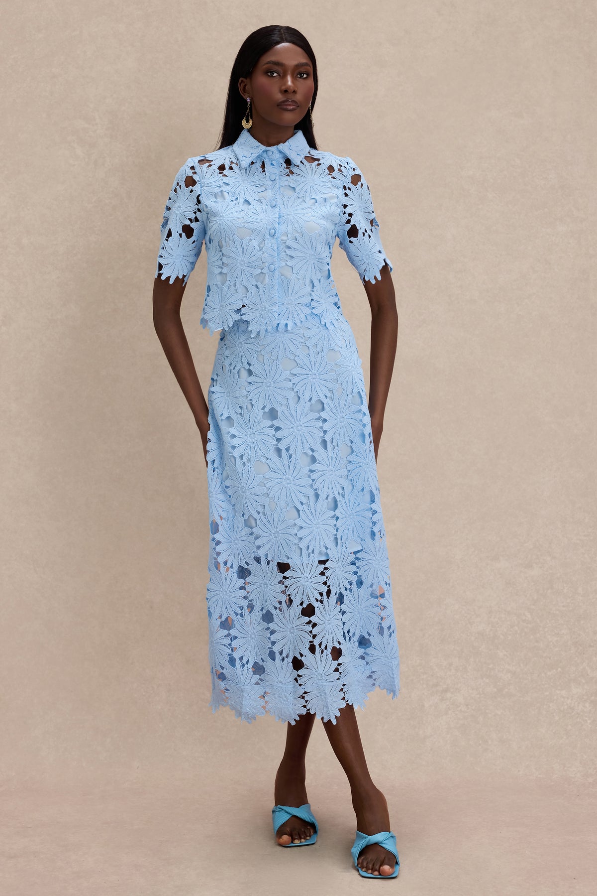 Lace Shirt Collar Single Breasted Top & Midi Skirt Set