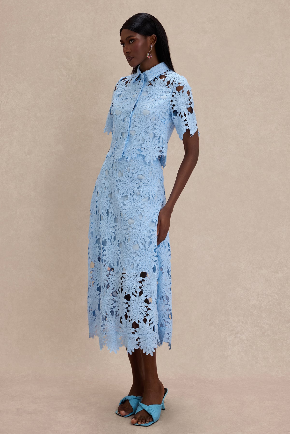 Lace Shirt Collar Single Breasted Top & Midi Skirt Set