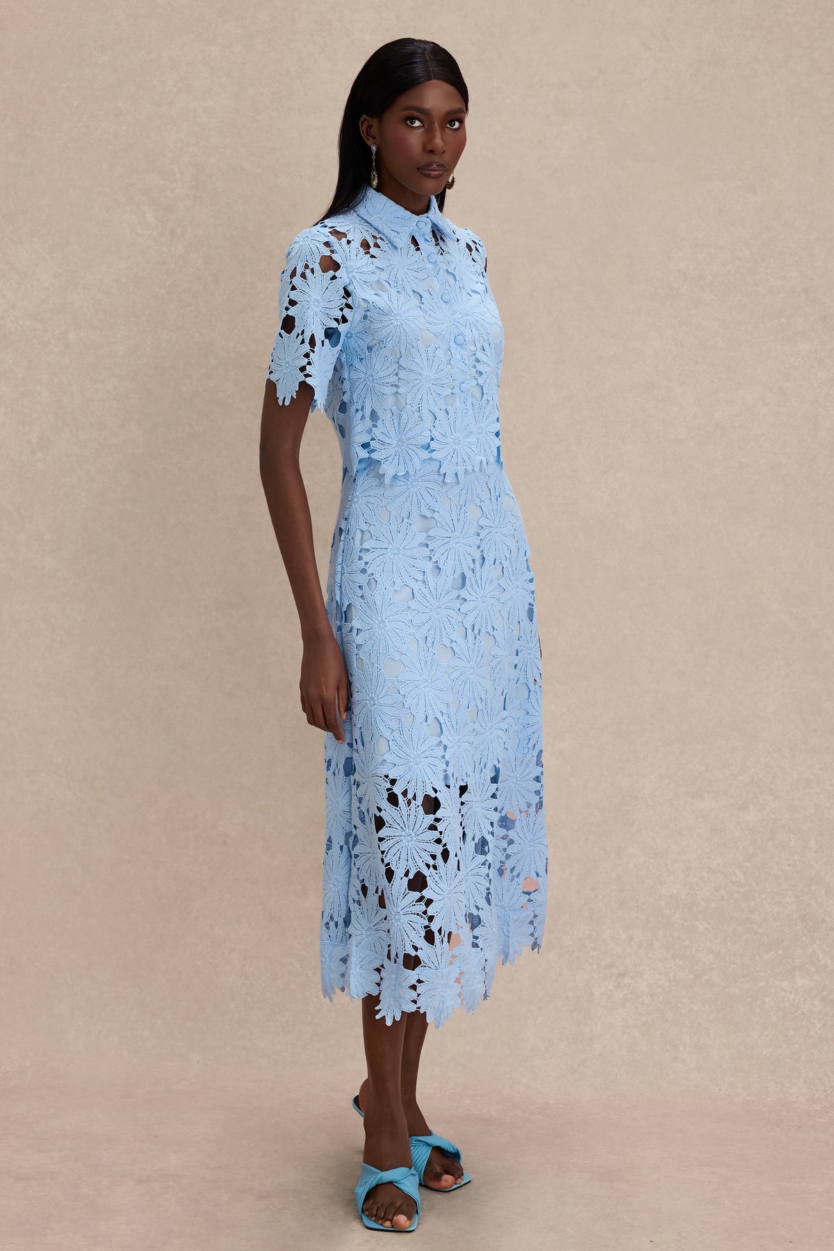 Lace Shirt Collar Single Breasted Top & Midi Skirt Set