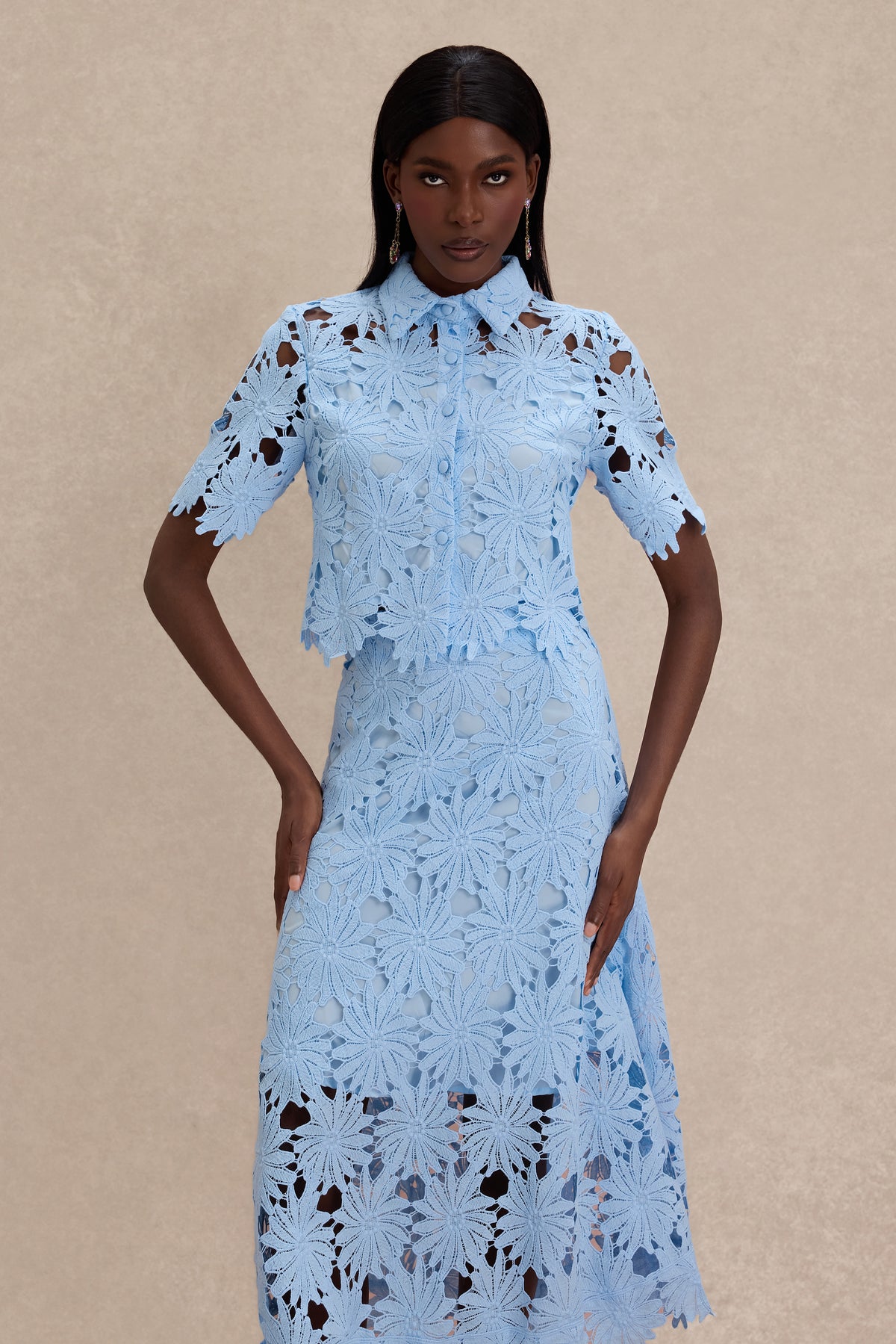 Lace Shirt Collar Single Breasted Top & Midi Skirt Set