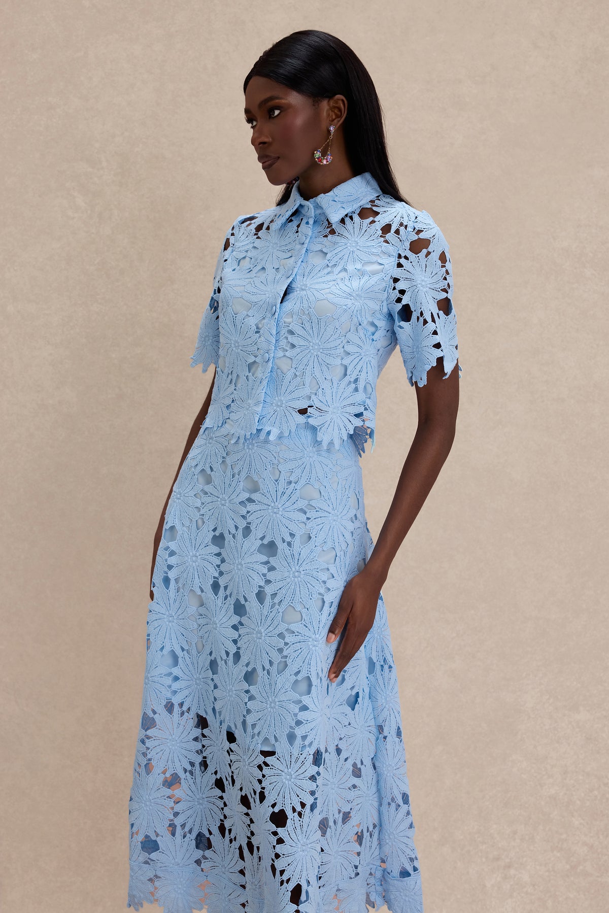 Lace Shirt Collar Single Breasted Top & Midi Skirt Set
