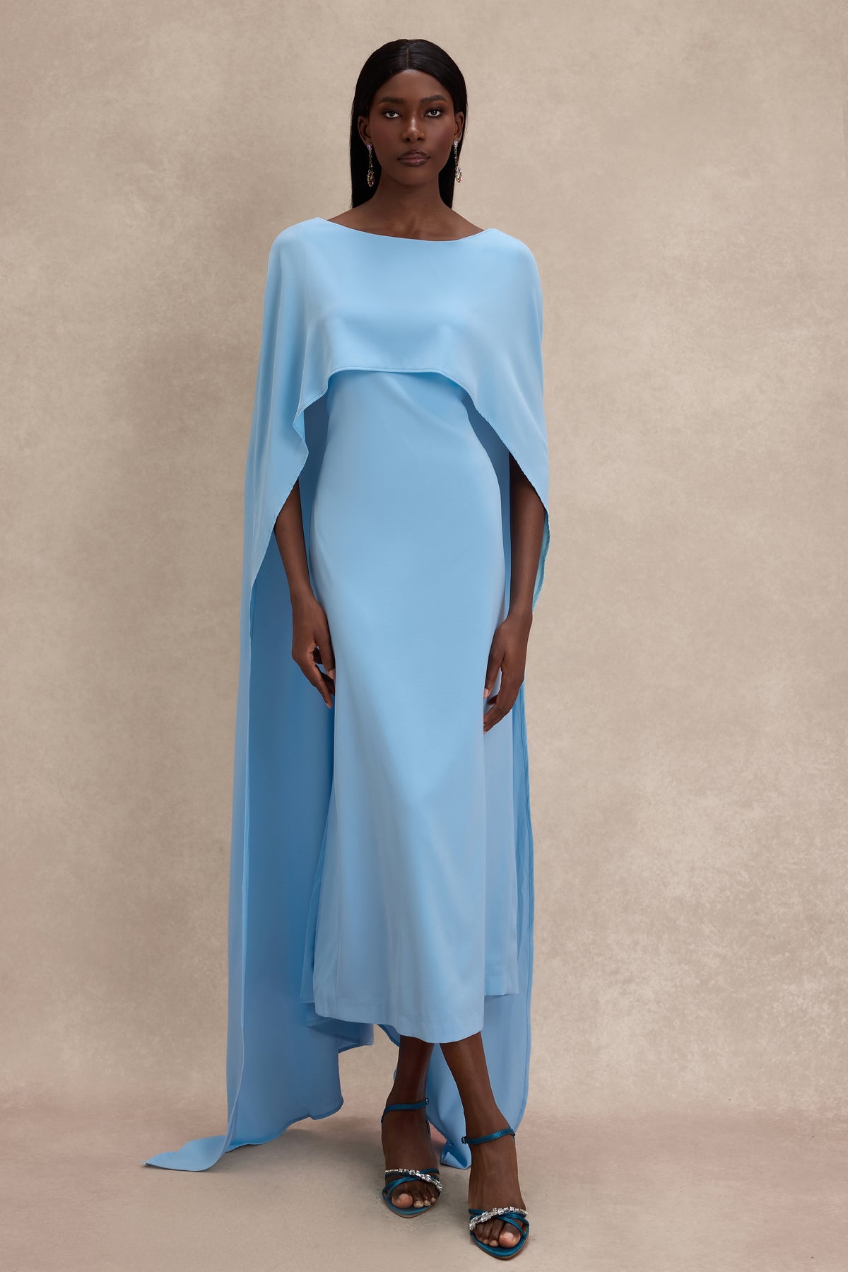 Solid Cape Sleeve Boat Neck Midi Dress