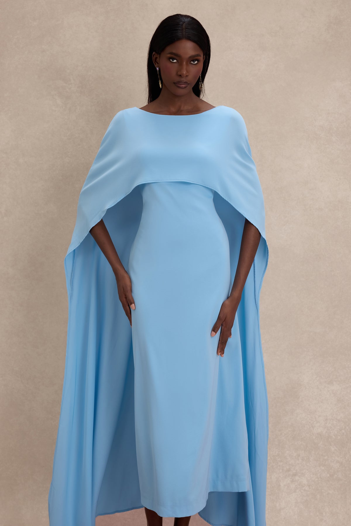 Solid Cape Sleeve Boat Neck Midi Dress
