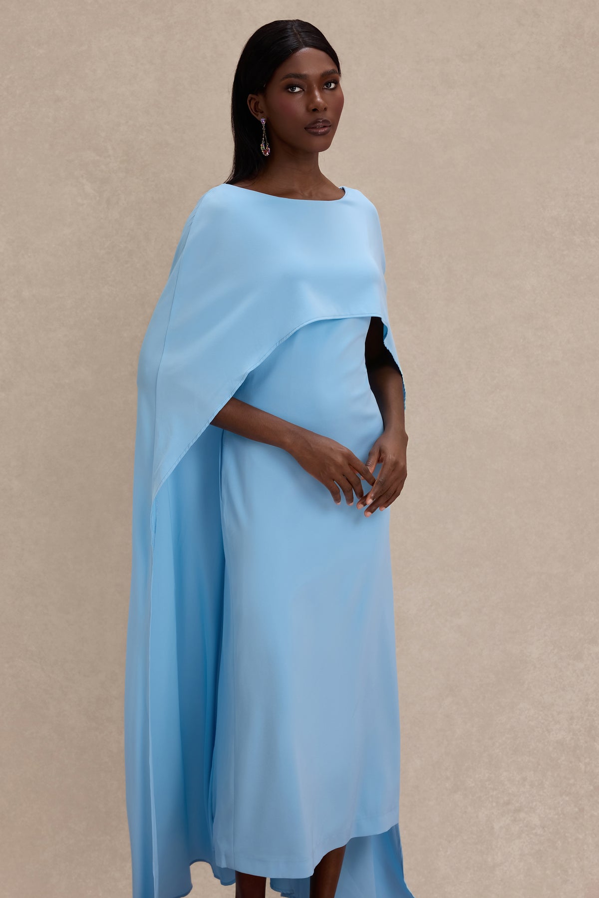 Solid Cape Sleeve Boat Neck Midi Dress