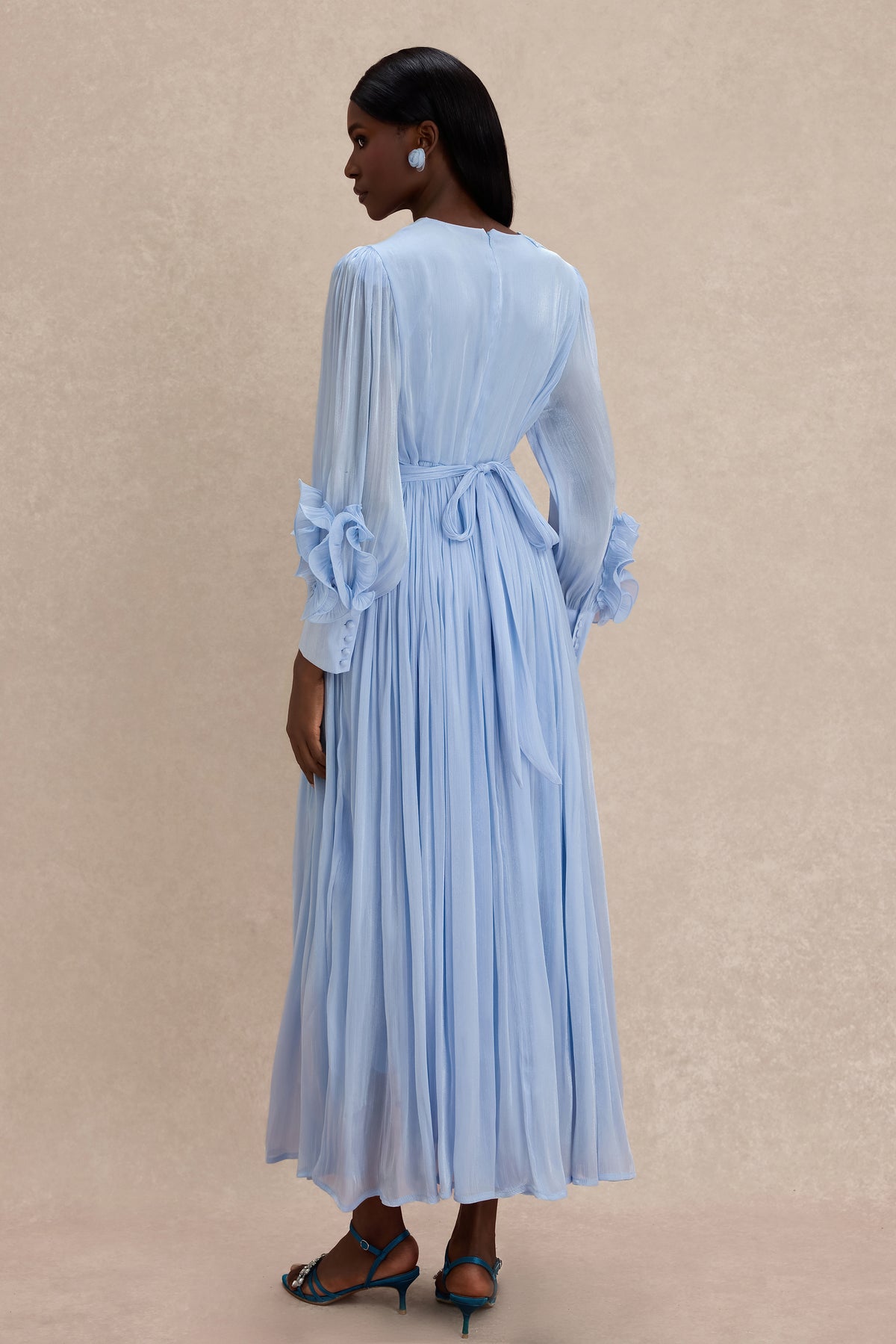 Satin V-Neck Ruffle Midi Dress