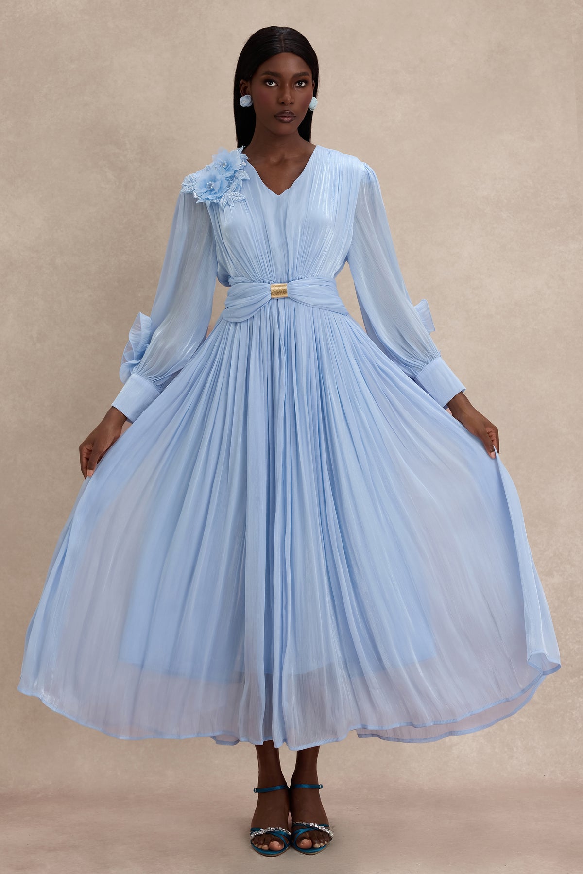 Satin V-Neck Ruffle Midi Dress