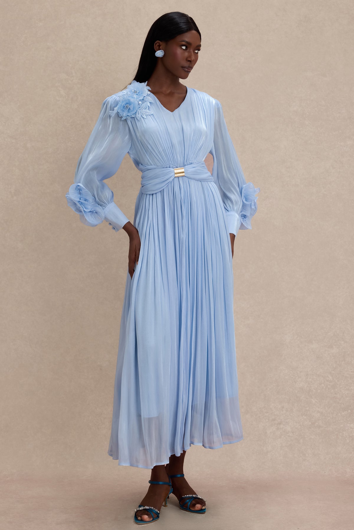 Satin V-Neck Ruffle Midi Dress