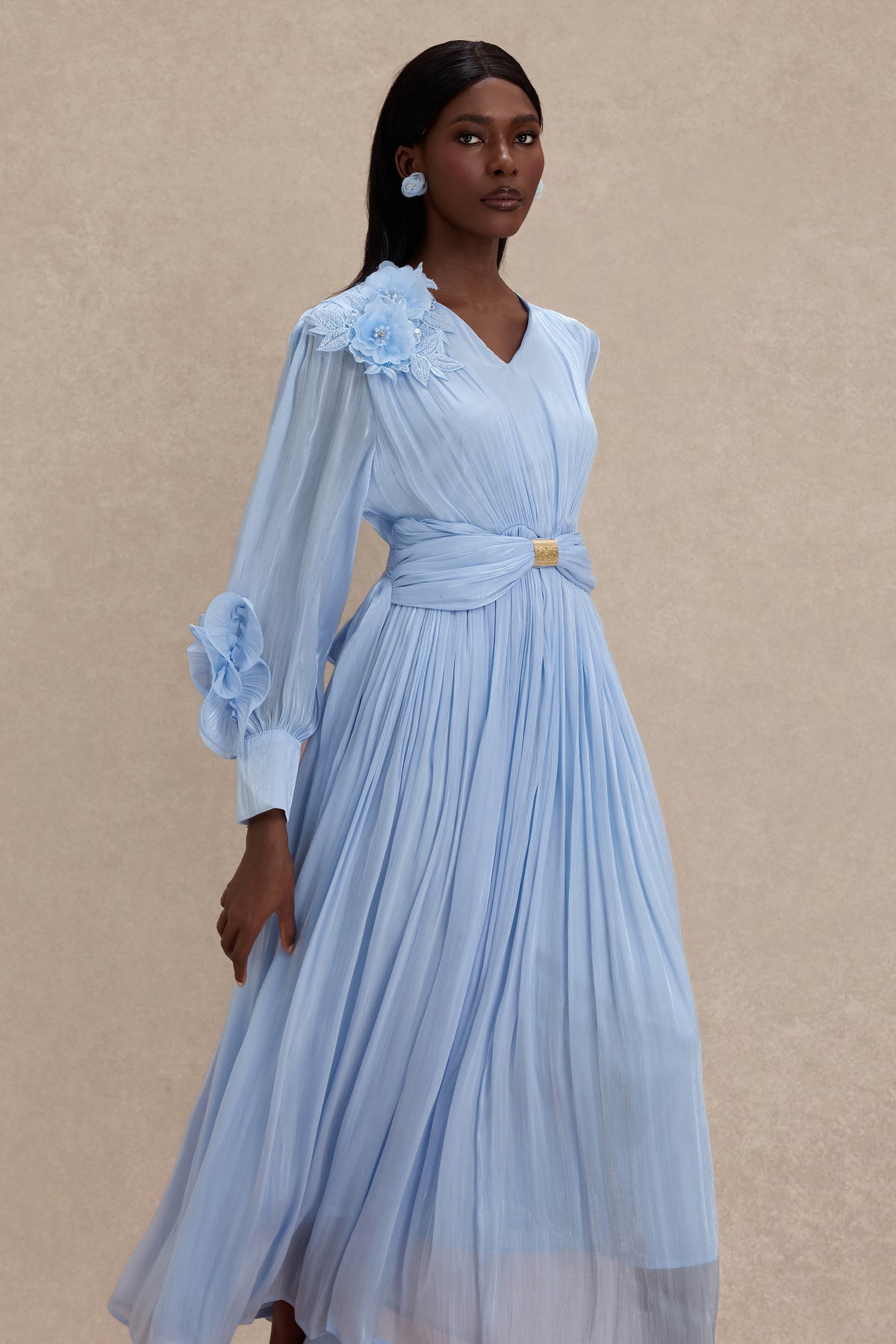 Satin V-Neck Ruffle Midi Dress
