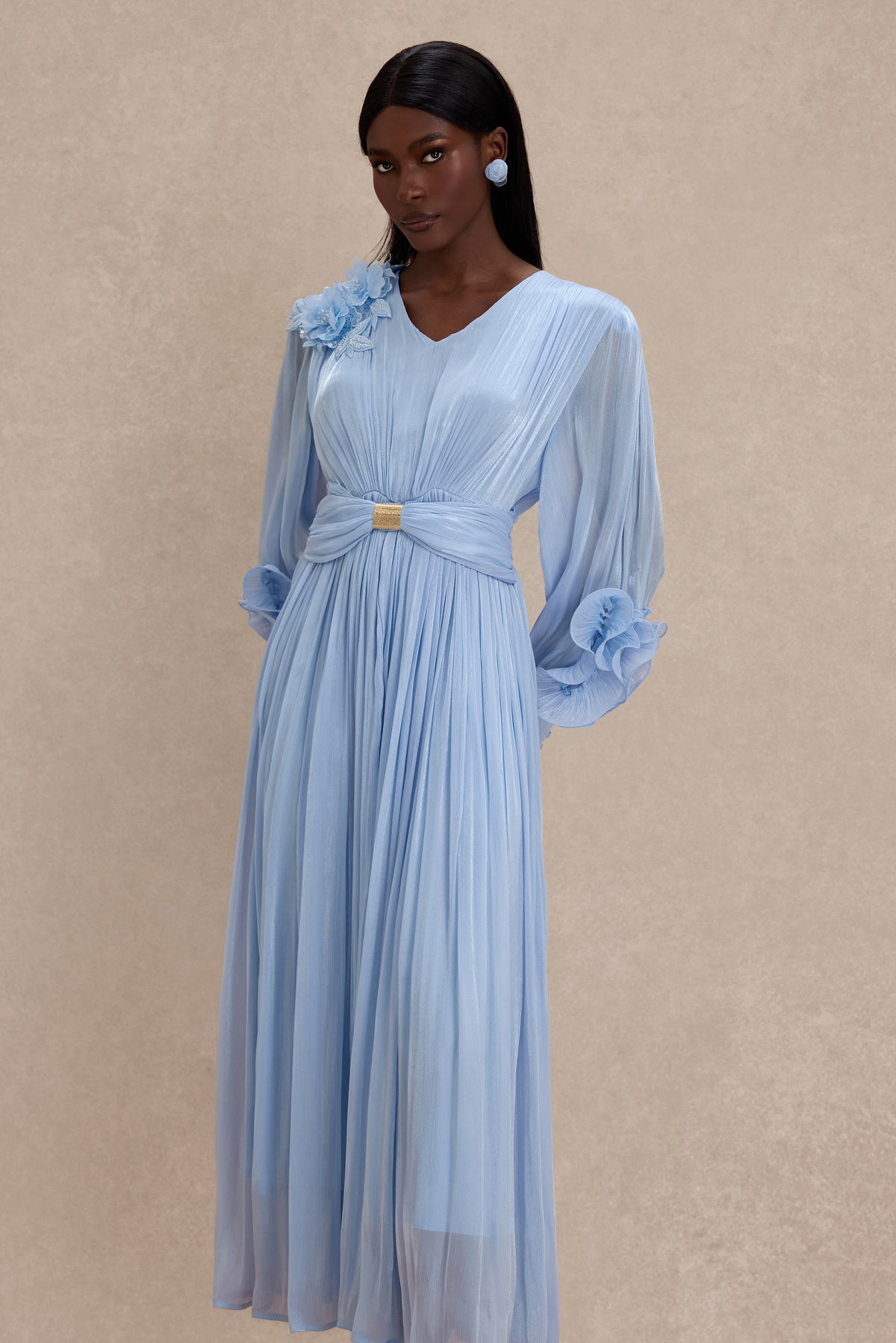 Satin V-Neck Ruffle Midi Dress