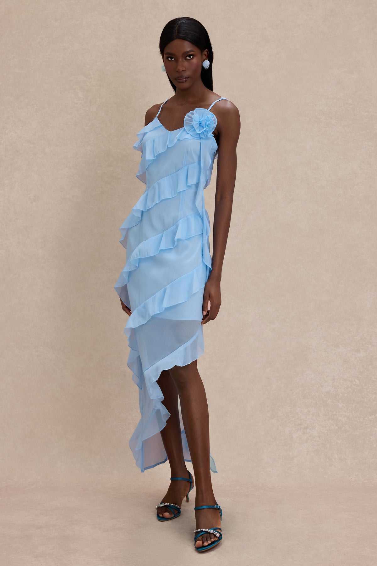 3D Flower Frill Slip Midi Dress