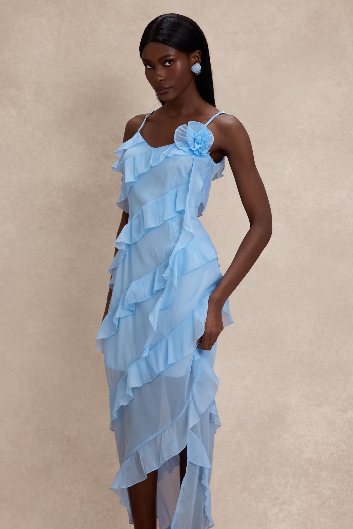 3D Flower Frill Slip Midi Dress