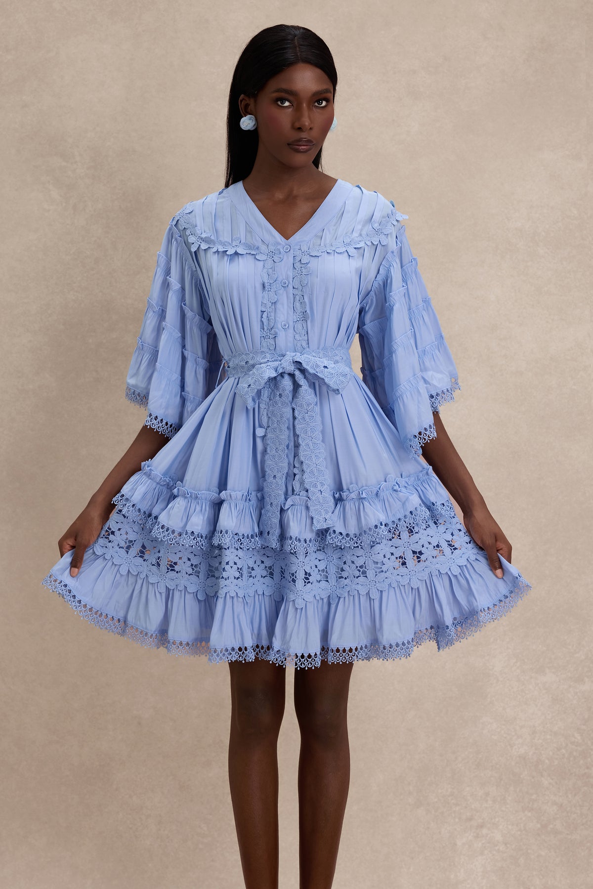 Lace Frill Bell Sleeve Mini Dress