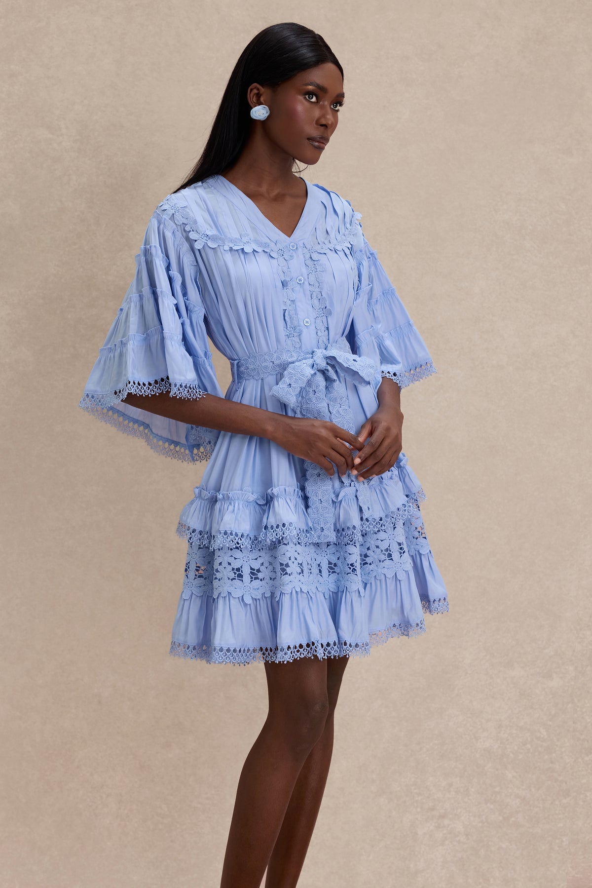 Lace Frill Bell Sleeve Mini Dress