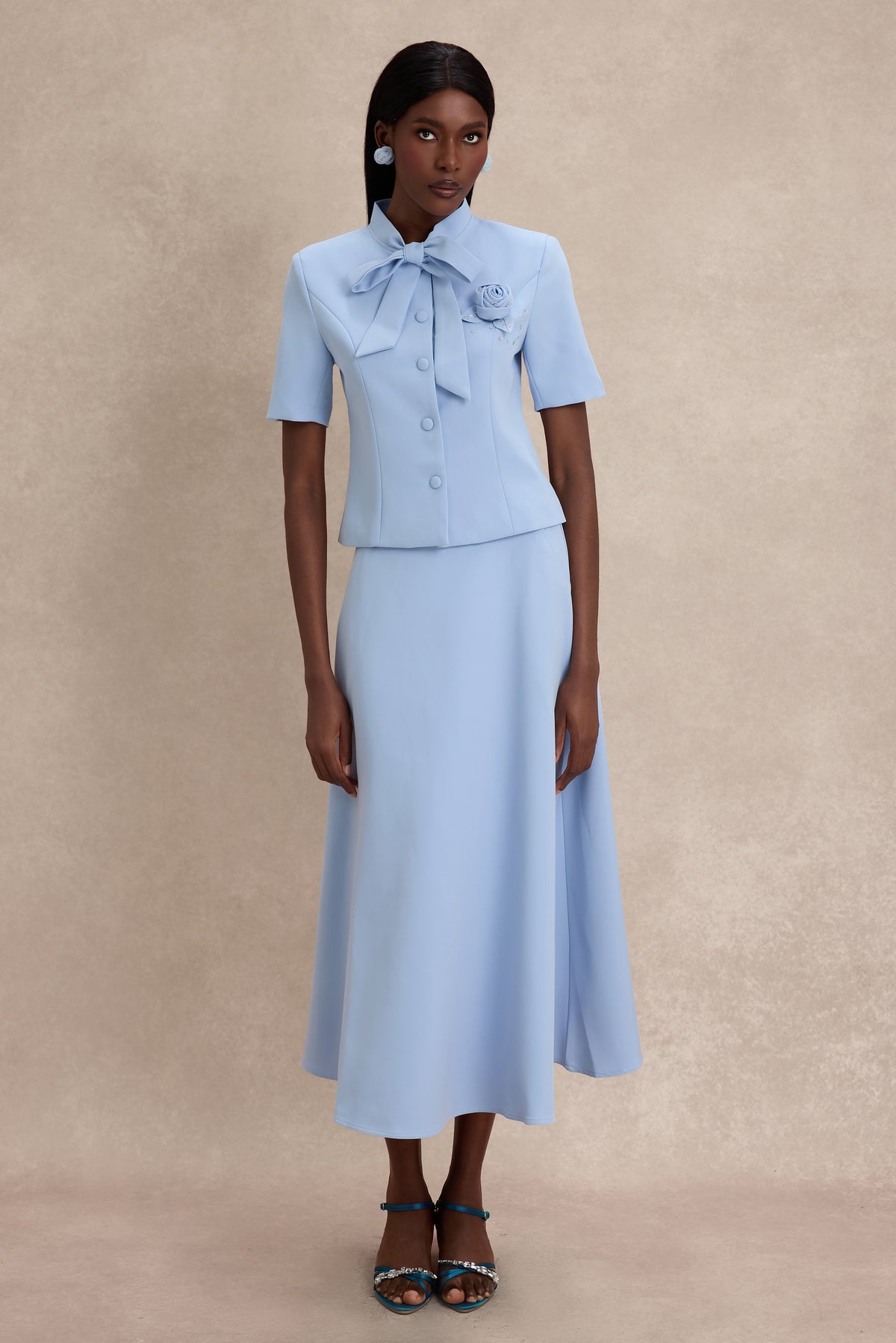3D Flower Rivet Tie-Up Top & Midi Skirt Set