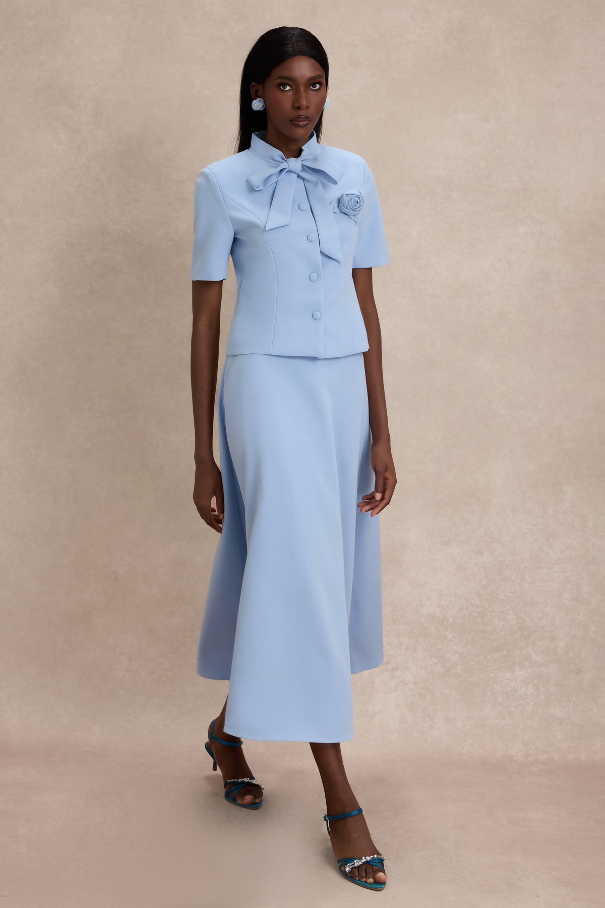 3D Flower Rivet Tie-Up Top & Midi Skirt Set