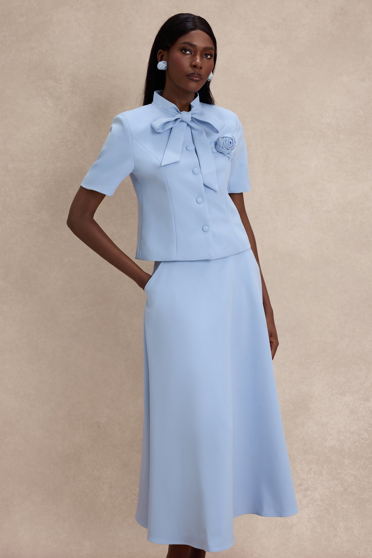3D Flower Rivet Tie-Up Top & Midi Skirt Set