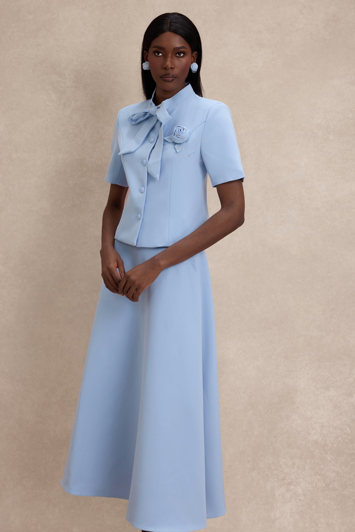 3D Flower Rivet Tie-Up Top & Midi Skirt Set