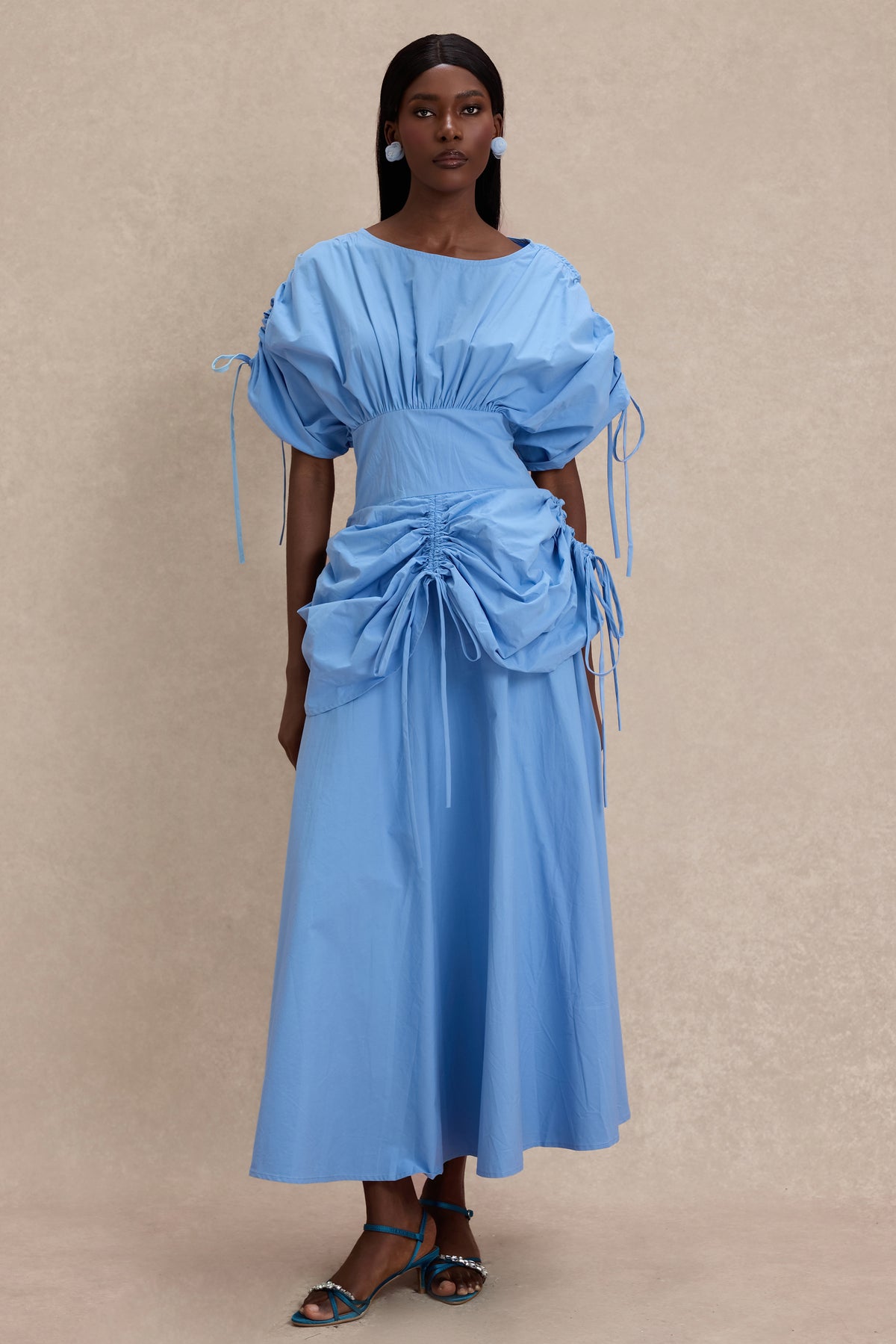 Shirring Batwing Sleeve Gathering Midi Dress
