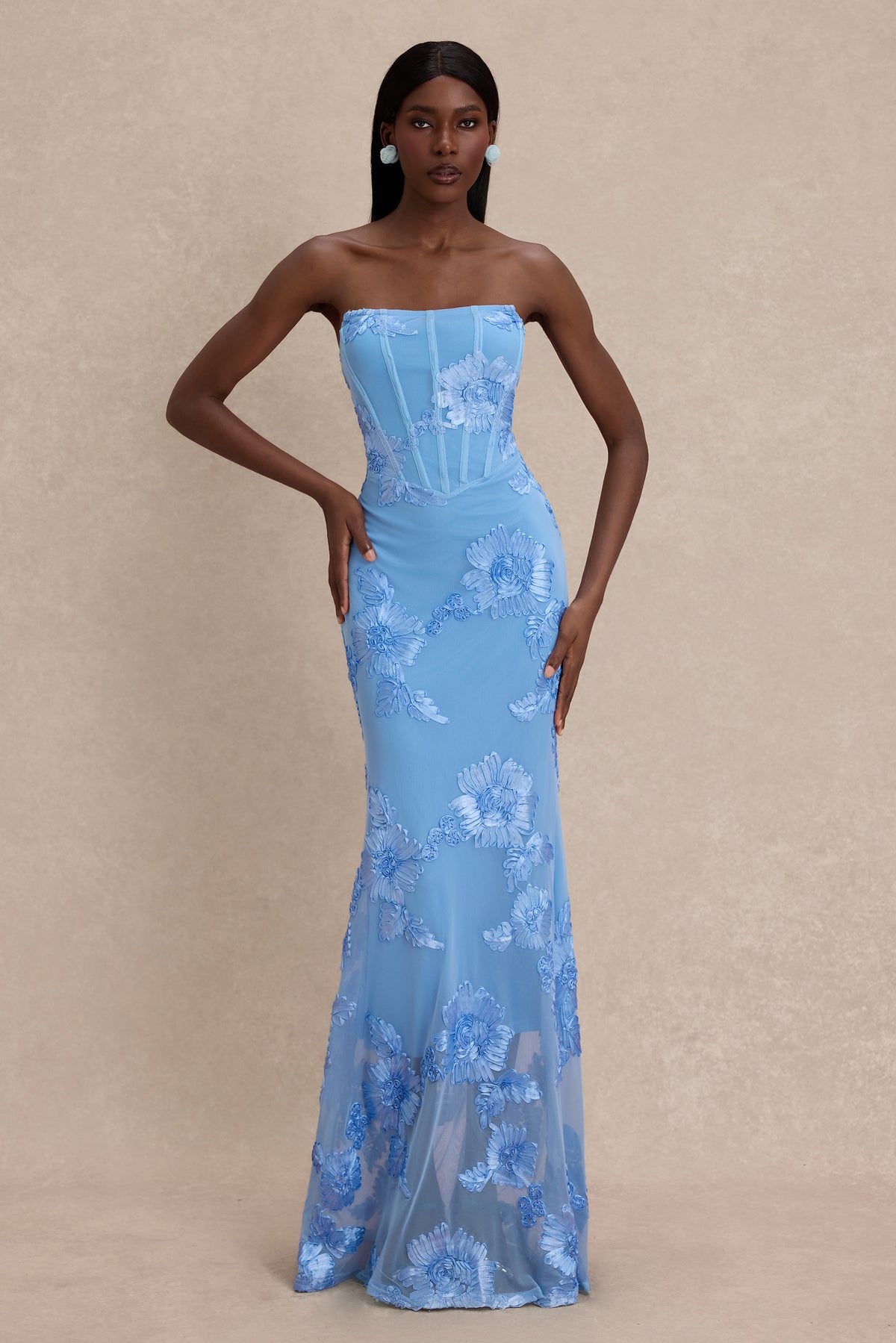 Strapless Floral Divine Mirage Mesh Maxi Dress