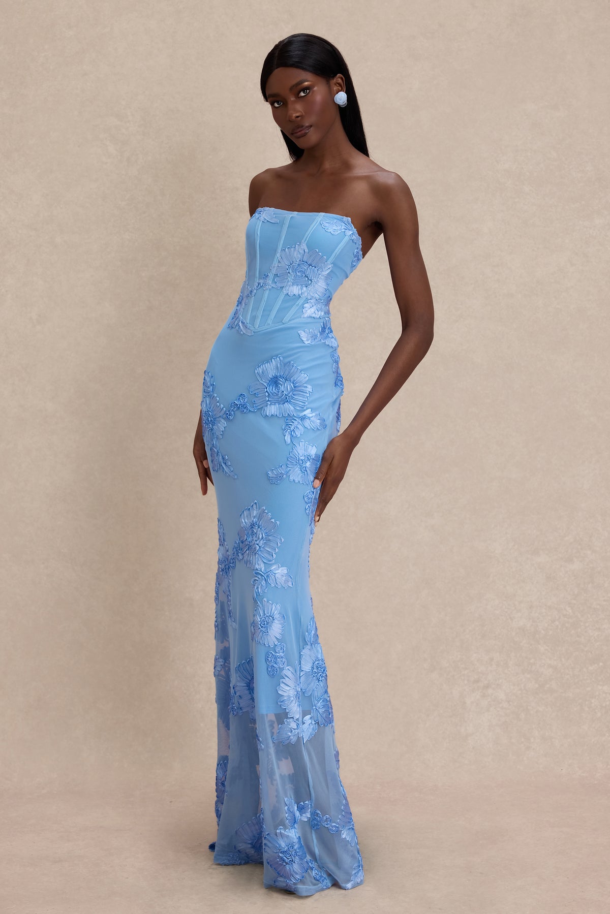 Strapless Floral Divine Mirage Mesh Maxi Dress