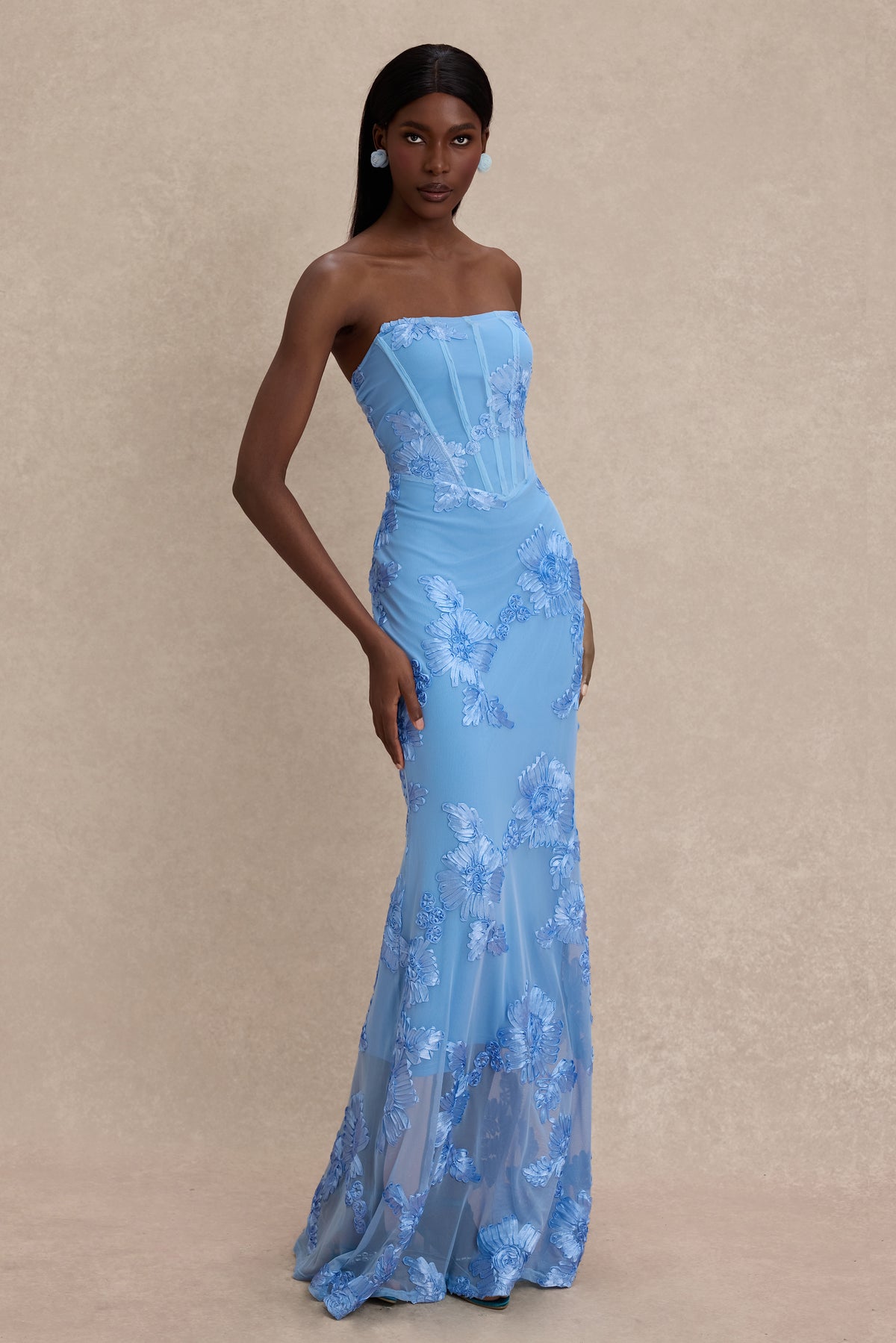 Strapless Floral Divine Mirage Mesh Maxi Dress