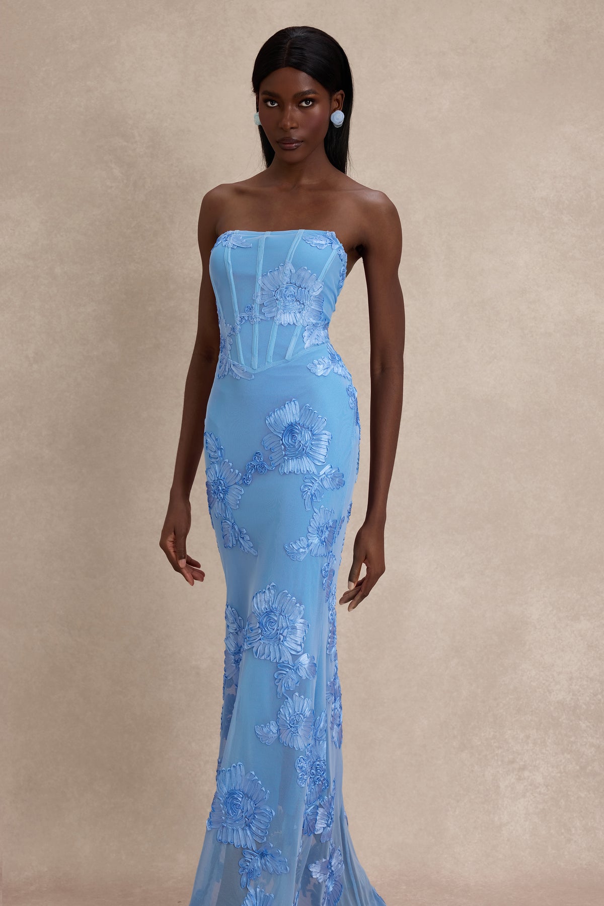 Strapless Floral Divine Mirage Mesh Maxi Dress