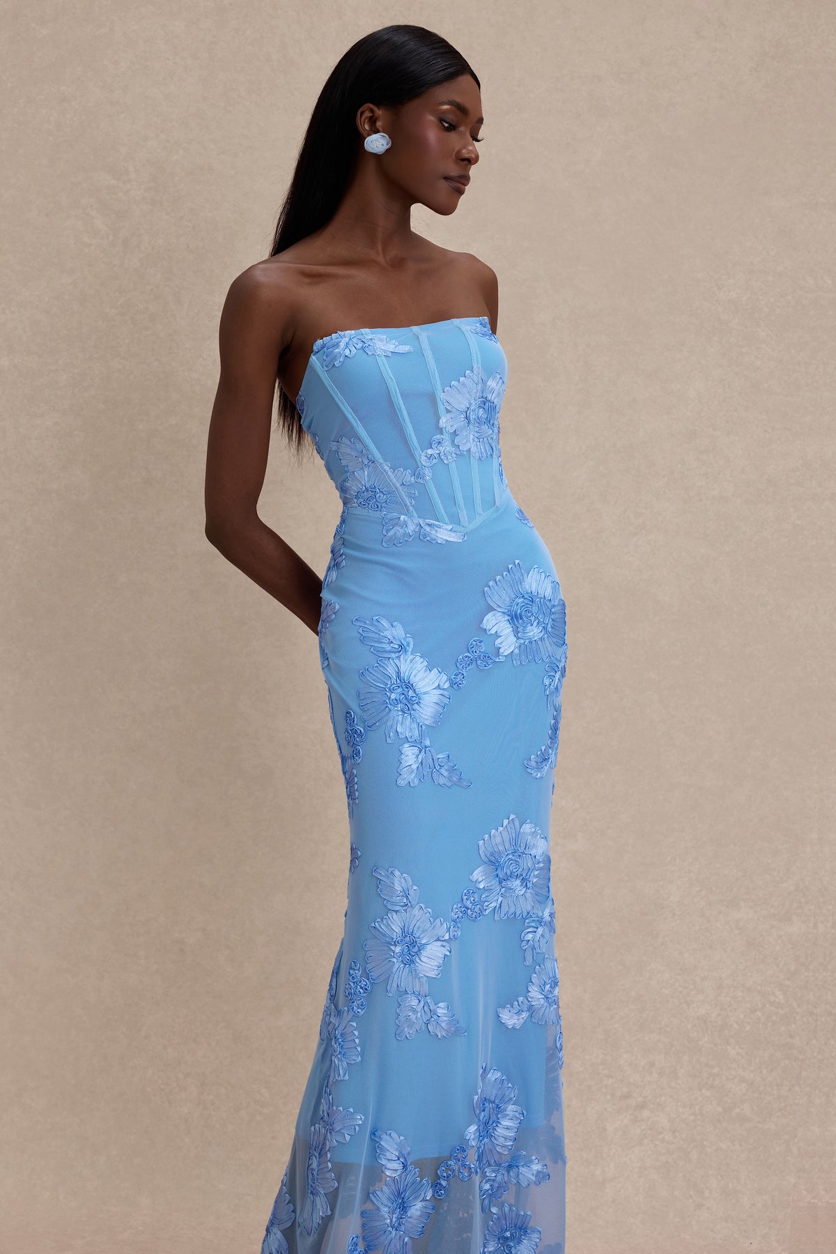 Strapless Floral Divine Mirage Mesh Maxi Dress