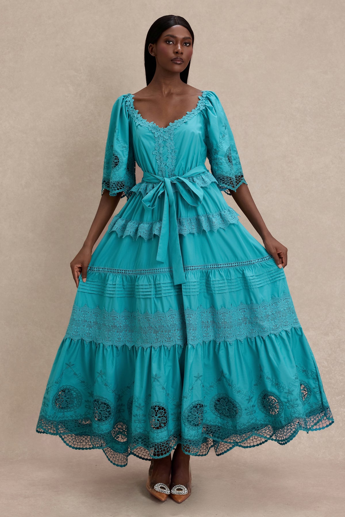Lace Embroidered Pleated Maxi Dress
