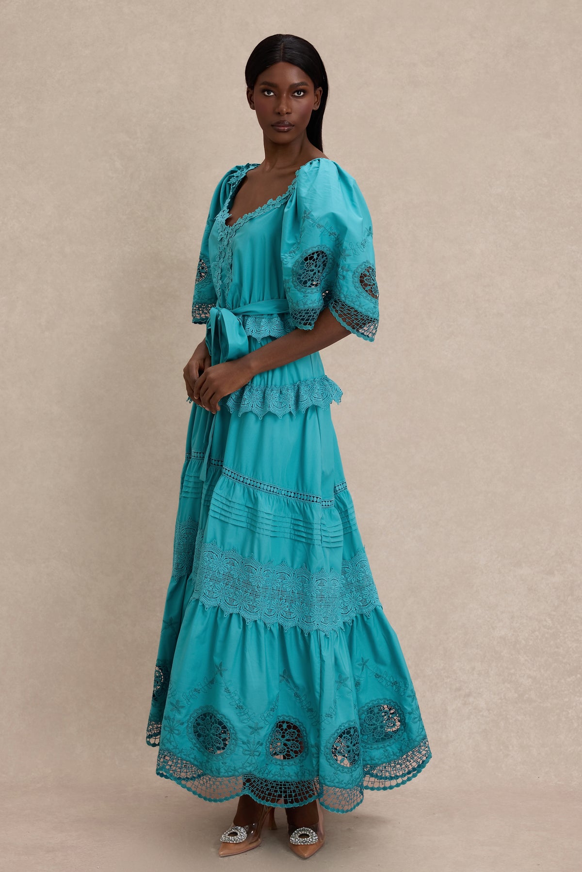 Lace Embroidered Pleated Maxi Dress