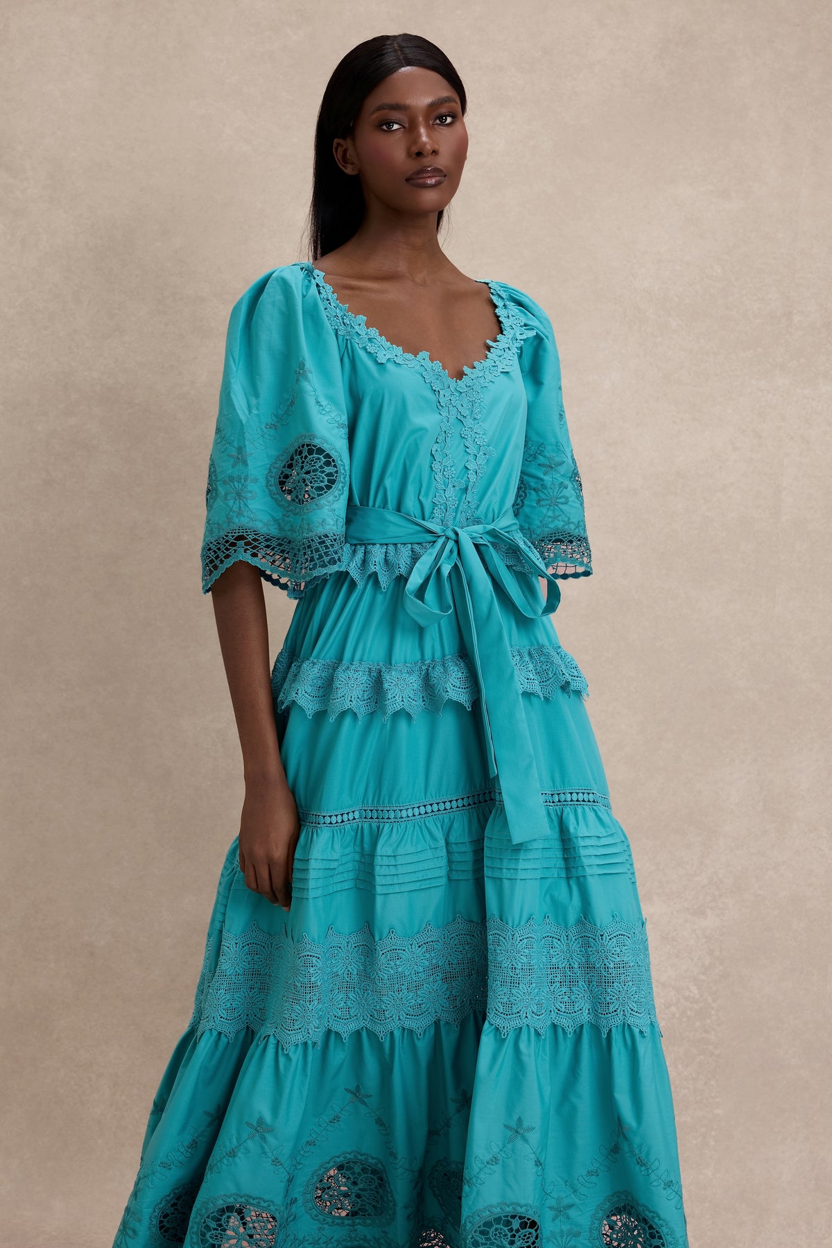 Lace Embroidered Pleated Maxi Dress