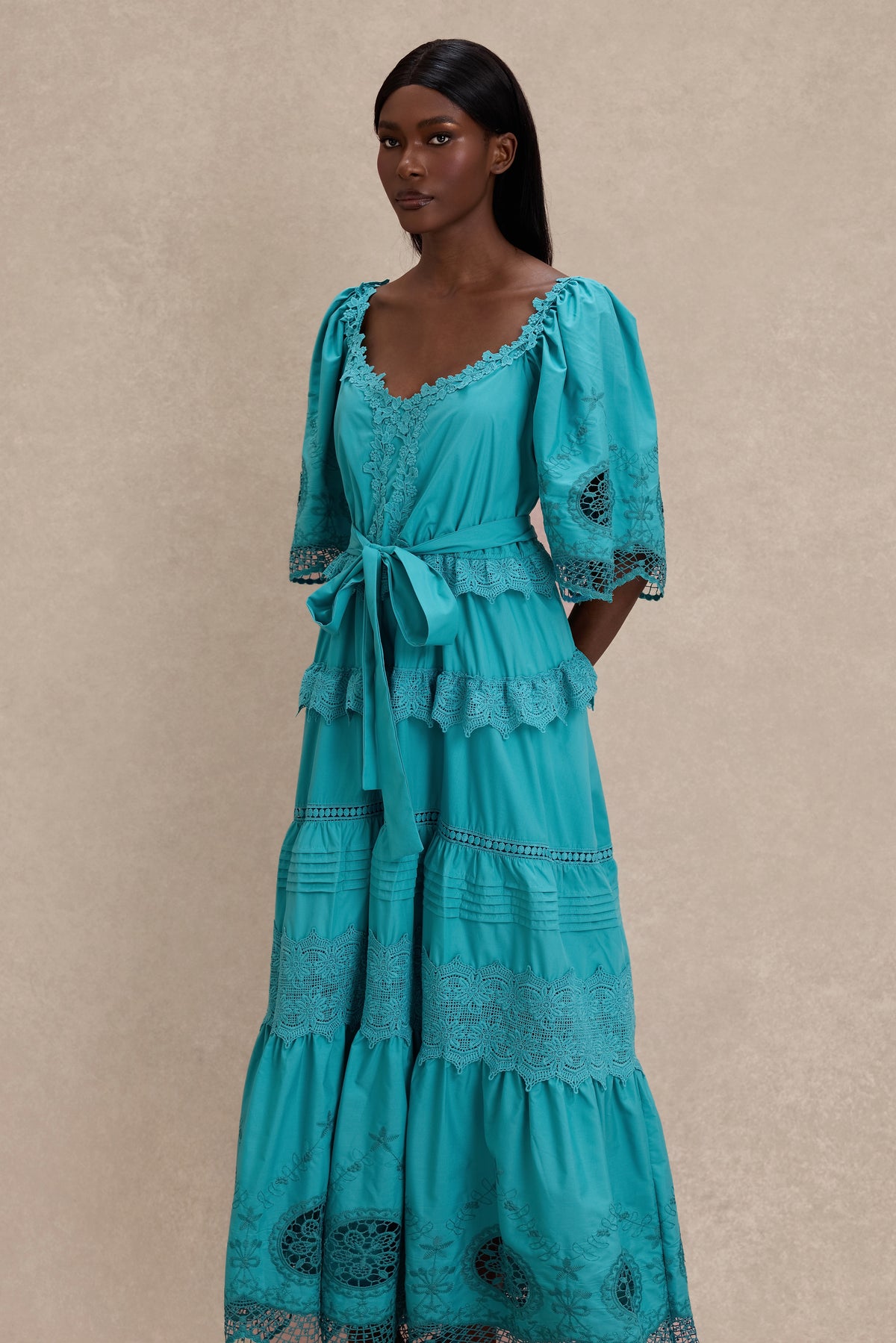 Lace Embroidered Pleated Maxi Dress